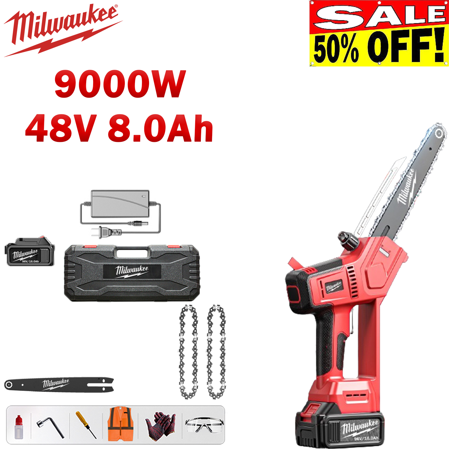 [La última motosierra de iones de litio de Milwaukee] Pantalla digital LED + motor sin escobillas de 9000 W + batería de litio de 48 V 8,0 Ah * 1, una sola batería se puede utilizar de forma continua durante 12 horas + barra guía * 1 + cadena * 2 + caja de trabajo * 1 + cargador de carga rápida + aceite lubricante + herramientas de desmontaje + ropa protectora + gafas + guantes