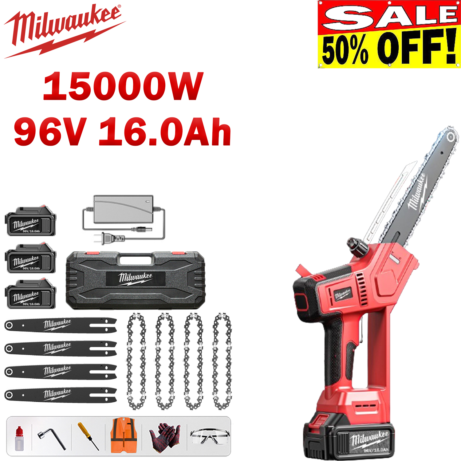 [La última motosierra de iones de litio de Milwaukee] Pantalla digital LED + motor sin escobillas de 15000 W + batería de litio de 96 V 16,0 Ah * 3, una sola batería se puede utilizar de forma continua durante 36 horas + barra guía * 4 + cadena * 4 + caja de trabajo * 1 + cargador de carga rápida + aceite lubricante + herramientas de desmontaje + ropa protectora + gafas + guantes